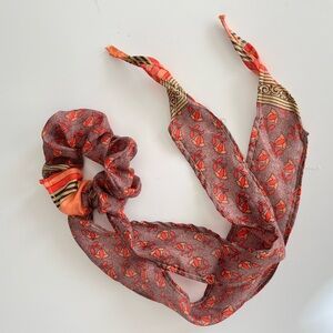Boho Scrunchie detachable scarf bow 100% vintage silk  retro western rodeo